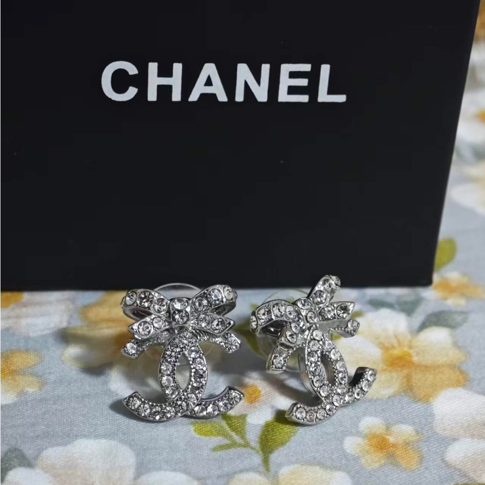 Chanel Crystal-Embellished Bow & Interlocking CC Stud Earrings